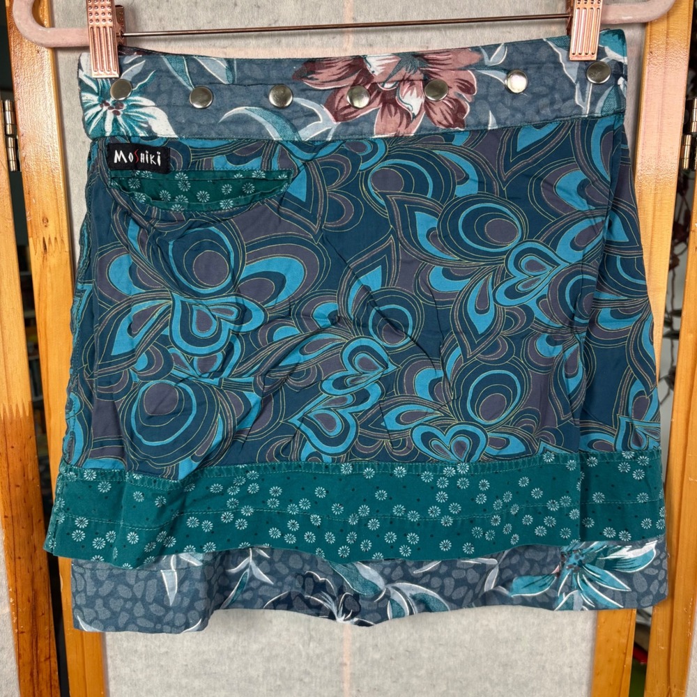 Moshiki Reversible Wrap Skirt OS Blue Floral Patchwork Snap Mini Pocket Boho